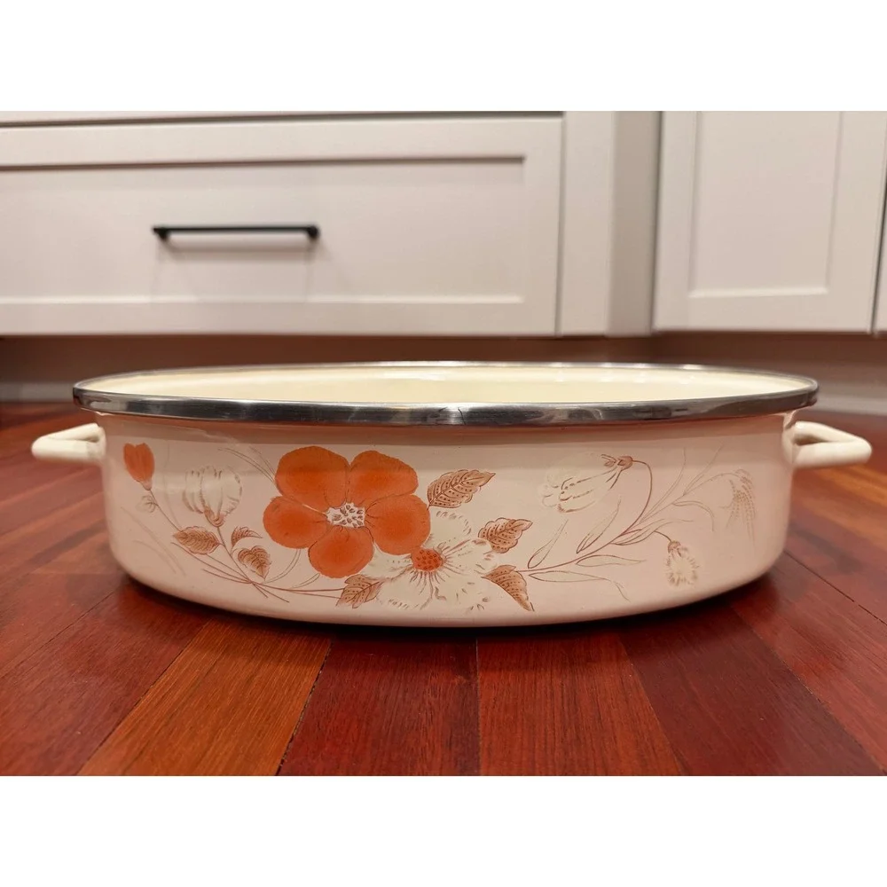 Vntg Watercolor Hearthside Blush‎ Enamelware Oval Roasting Pan with Lid Floral
